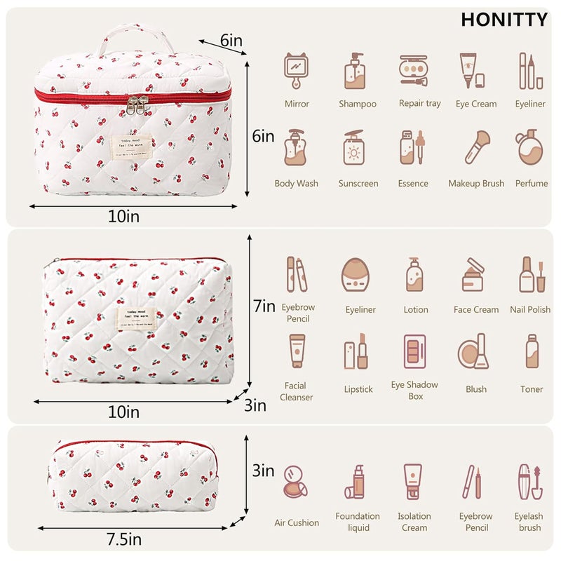 honitty Makeup Bag,Quilted Cosmetic Bags,Large Floral Make Up Organize bag,Makeup Bag Set for Women,Flower Travel Toiletry Bag - Image 2